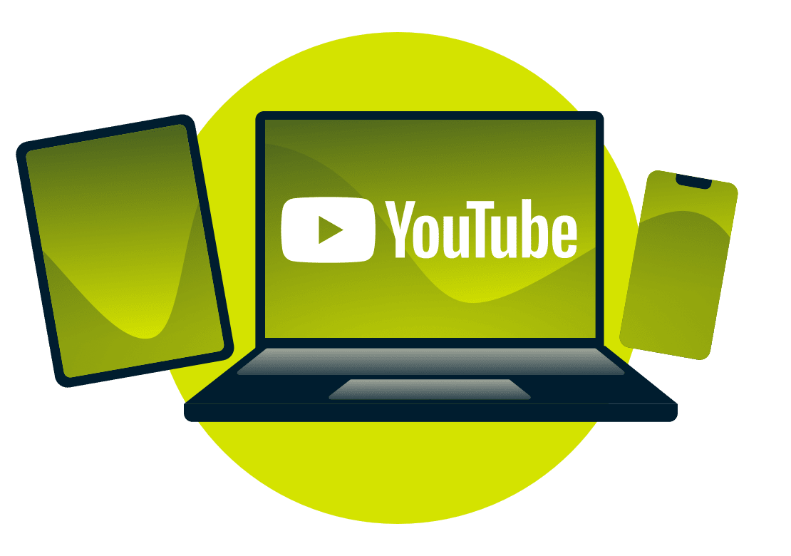 แล็ปท็อป แท็บเล็ต และโทรศัพท์ พร้อมโลโก้ YouTube